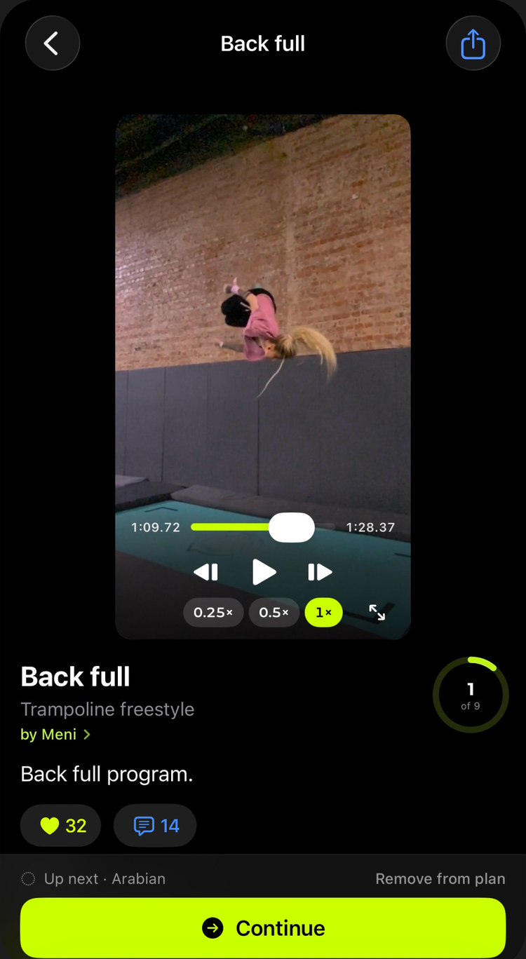 The review player with rate pills and frame-step controls