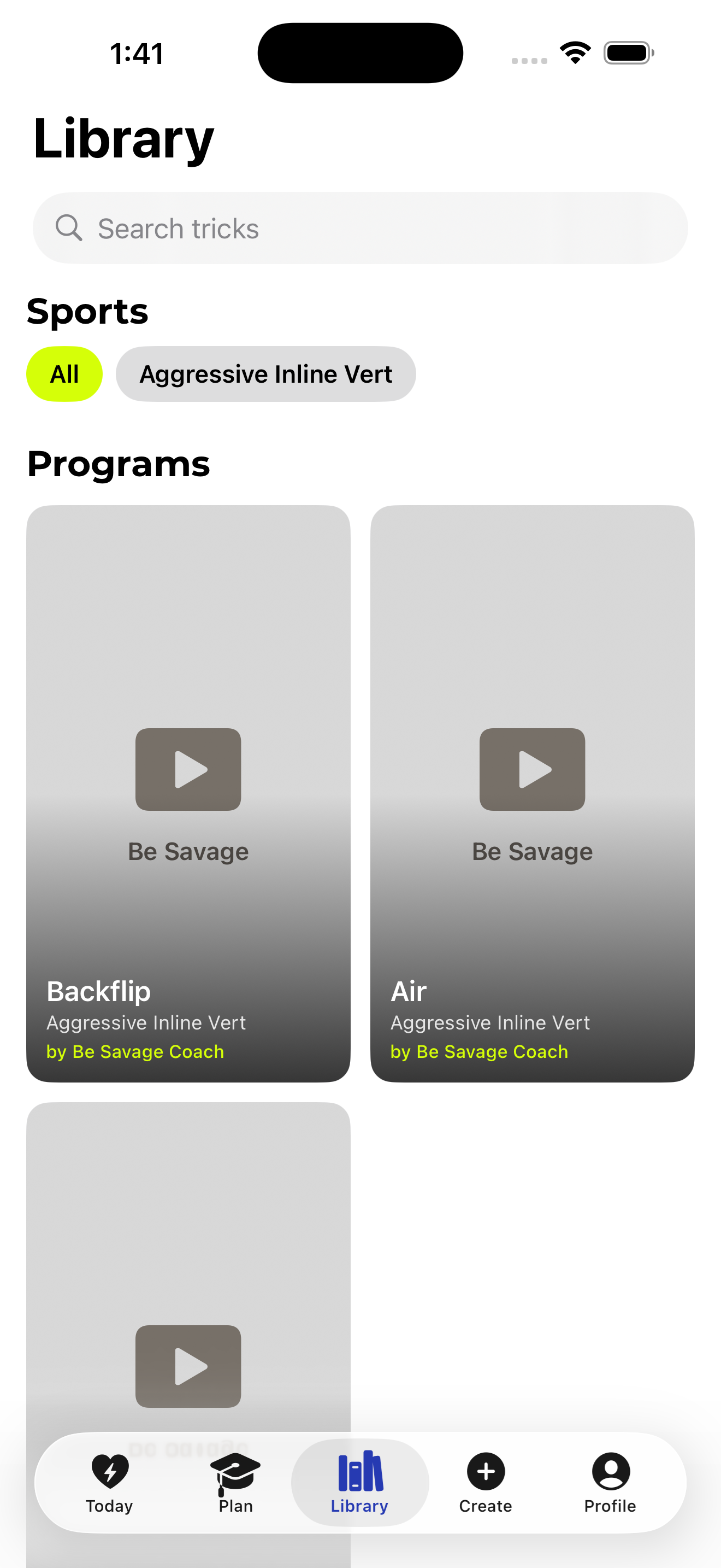 The Be Savage library showing coach-authored programs with a by-coach byline