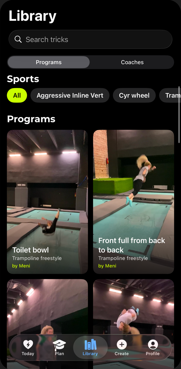 The Be Savage library showing coach-authored programs with a by-coach byline